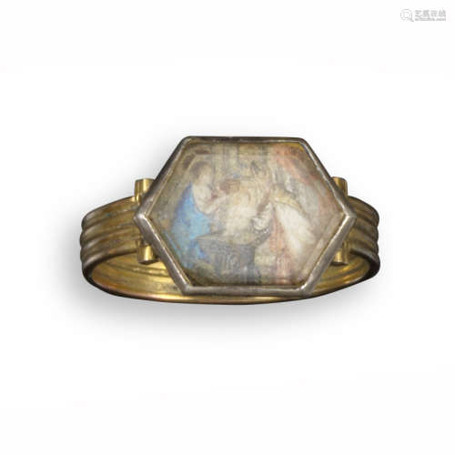 A religious ring c1680, possibly Low Countries, the hexagonal crystal covers a faded painted
