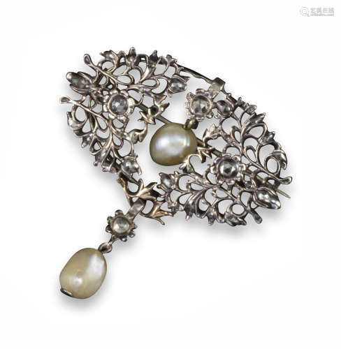An 18th century pearl and diamond brooch, of pierced foliate design suspending two pearls in