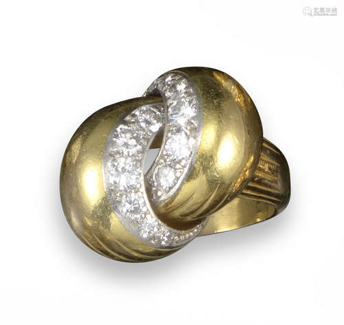 A yellow gold and diamond bombé ring, the two interwoven sections set with a line of graduated