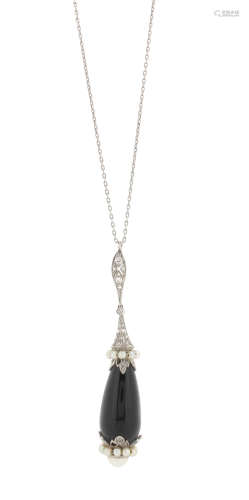 An onyx pearl and diamond pendant, the onyx drop with pearl terminal is set with an emerald and