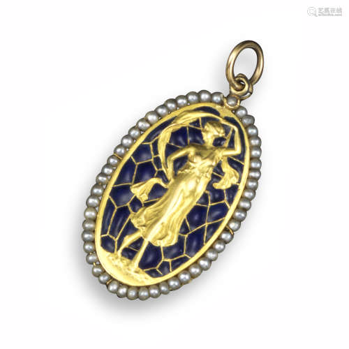 An Art Nouveau plique-a-jour enamel pendant, the oval pendant depicting a maiden with flowing