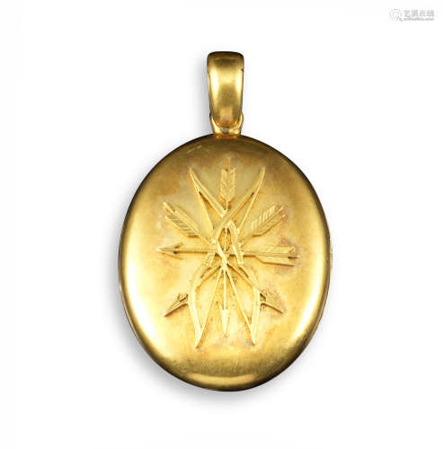 A gold oval locket pendant by Edwin Streeter, the oval locket applied with an archery trophy, the