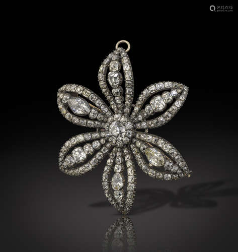 A George III diamond-set flower head brooch pendant, c1790, centred with a cluster of cushion-shaped