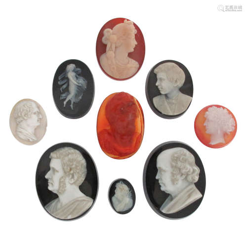 Nine assorted carved hardstone portrait cameos, the largest 4.5cm high, the smallest 2cm high
