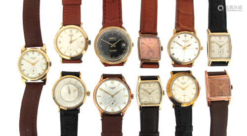 Eleven gold-plated wristwatches by Longines, automatic and manual movements, on leather and faux