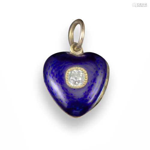 A Victorian diamond and blue enamel heart pendant locket, set with an old cushion-shaped diamond