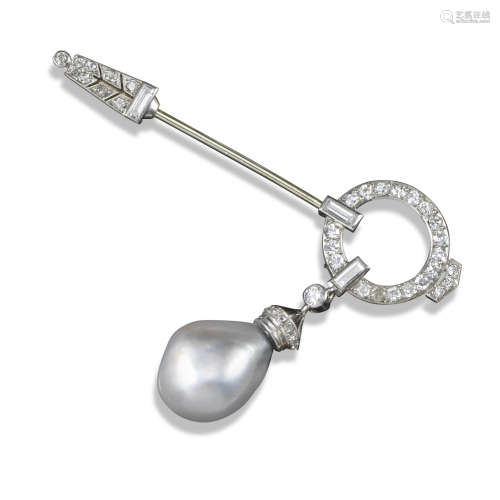 A pearl and diamond jabot pin, the circular and lozenge-shaped terminals set with diamonds,