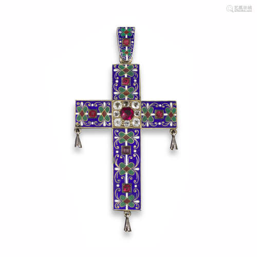 An early 20th century silver and enamel cruciform pendant, decorated with polychrome enamel and