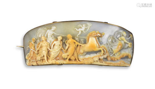 A 19th century carved shell cameo brooch, depicting Apollo driving the sun chariot, engraved in