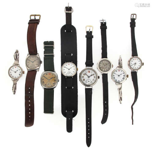 Eight silver wristwatches by Longines, manual movements, on silver, leather or fabric bands