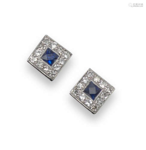 A pair of sapphire and diamond cluster earrings, the square-shaped sapphires are set within a