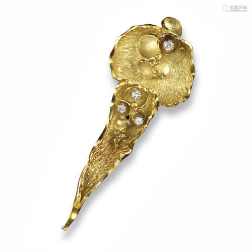 An abstract diamond-set gold brooch pendant, c1970, the textured gold set with four circular-cut