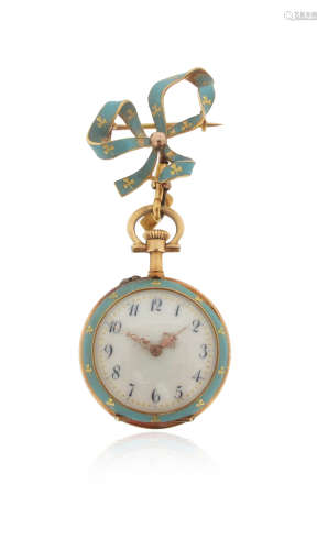 A Victorian blue enamel fob watch, the plain white dial with blue Arabic numerals, within