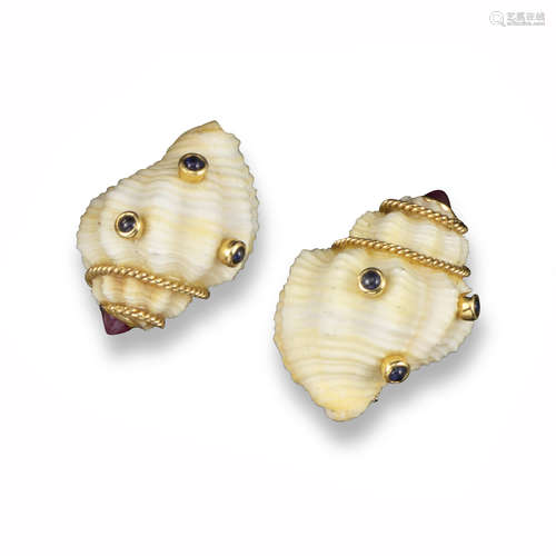 A pair of gem-set shell earrings, the shells with gold wirework decoration and sapphire and ruby and