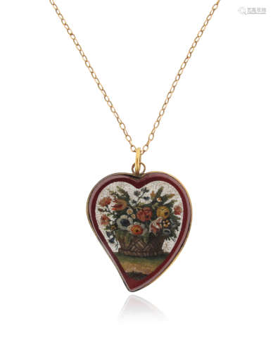 A micromosaic witches heart pendant, the tesserae depicting a giardinetto within plain gold frame,