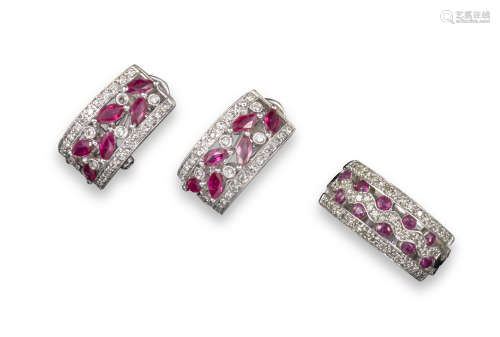A pair of ruby and diamond earrings, set with marquise-shaped rubies and circular-cut diamonds
