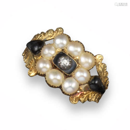 A George IV memorial ring, centred with a small diamond mounted on a rectangular black enamel