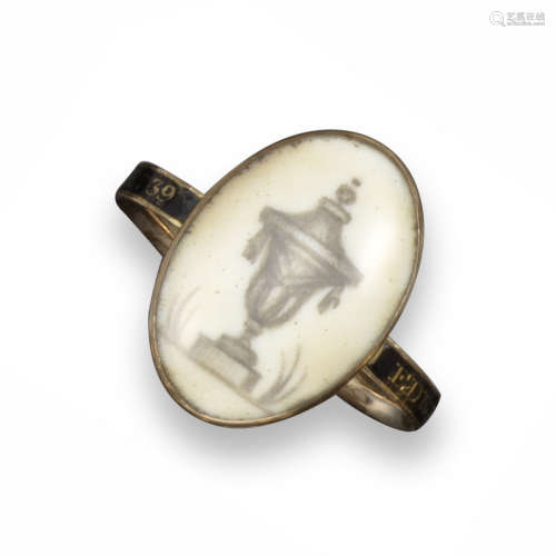 A George III mourning ring, the glazed oval plaque depicting a covered urn painted in sepia, the