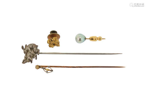 A gold stick pin, set with a circular-cut yellow diamond and suspending a pendant with a briolette