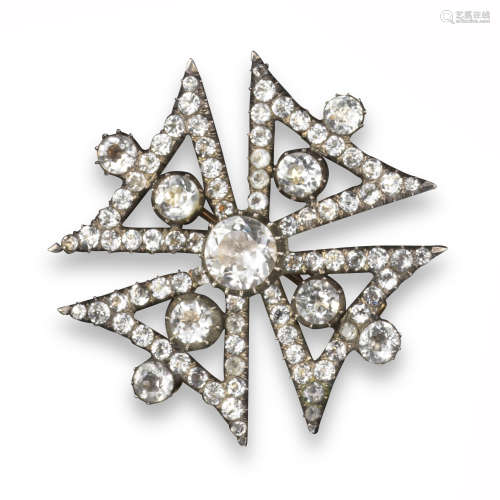 A George III paste Maltese cross brooch, set with graduated white pastes in silver and gold, 4cm