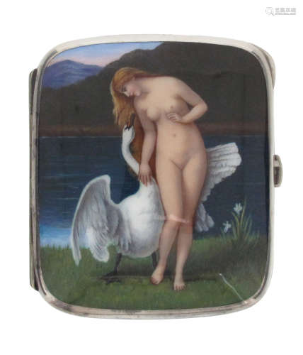 A curved gilt-lined silver-coloured metal cigarette case, the hinged cover painted scene in enamel