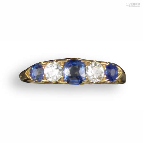 A Victorian sapphire and diamond five-stone ring, alternately-set with graduated sapphires and