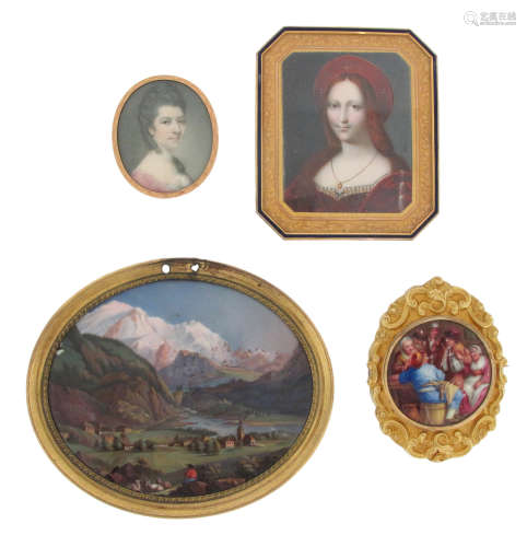 Four portrait miniatures, including an oval miniature portrait of a rural scene, probably Swiss,
