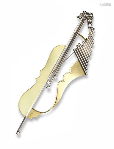 A gold cello brooch, of stylised design, set with five graduated circular-cut diamonds in yellow and