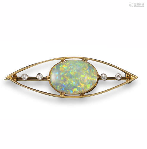 An opal and diamond-set gold brooch, the oval-shaped opal set with two circular-cut diamonds to each