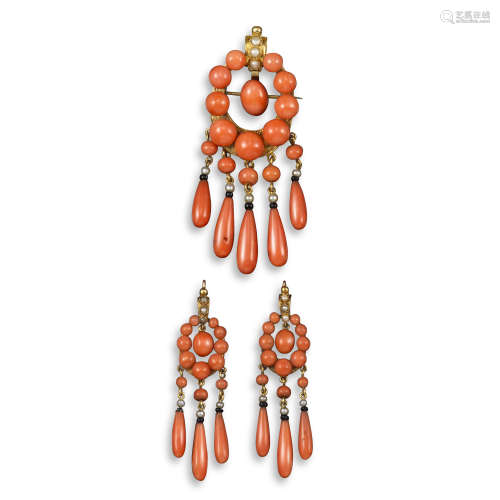 A Victorian coral seed pearl and black onyx bead suite of jewellery, comprising a pendant and