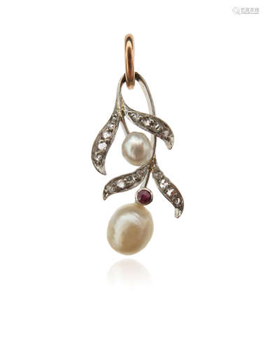 A foliate pendant mounted with two pearls and rose-cut diamond-set leaves, 2.5cm high