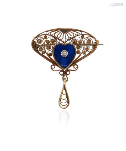 An Arts & Crafts brooch by Bernard Hertz, centred with a seed pearl-mounted blue enamel heart within