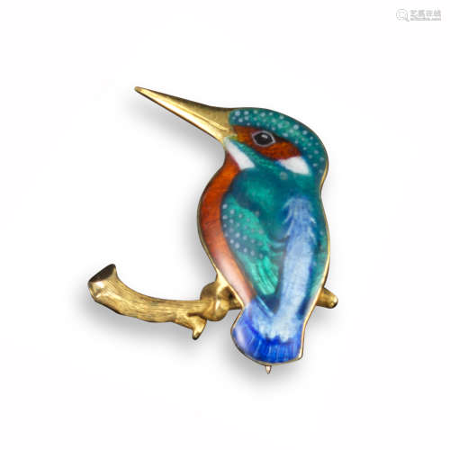 A 9ct gold and enamel Kingfisher brooch by Alabaster & Wilson, maker's mark and Birmingham hallmarks