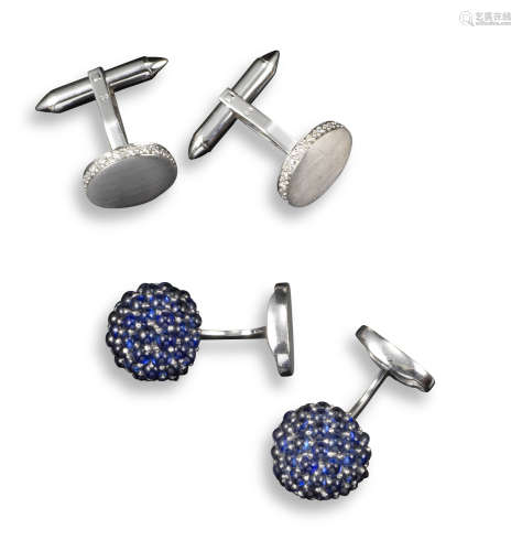 A pair of blackberry style cufflinks, set with cabochon sapphires in white gold, together with