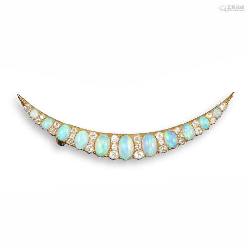 An Edwardian open crescent gold brooch, alternately-set with oval-shaped opals and old circular-