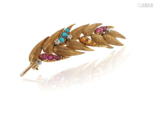 A gem-set gold wheatsheaf brooch, the stylised gold brooch set with diamonds, turquoise cabochons,