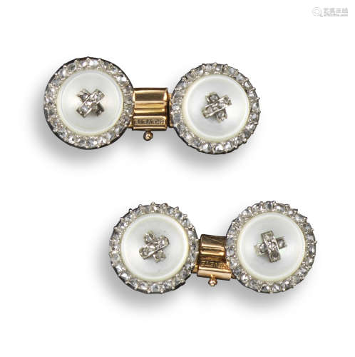 A pair of French early 19th century diamond and shell-form circular cufflinks, stamped SGDG, BREVETÉ