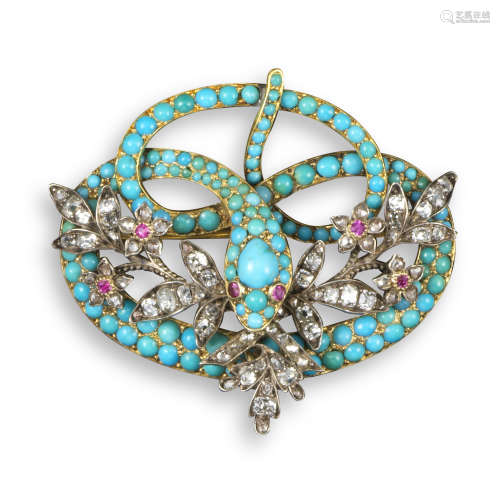 A 19th century turquoise and diamond snake brooch, the writhing serpent pave-set with graduated
