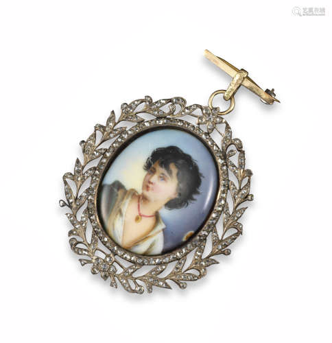 An 18th century miniature pendant, the oval enamel portrait depicting a young boy, within rose-cut