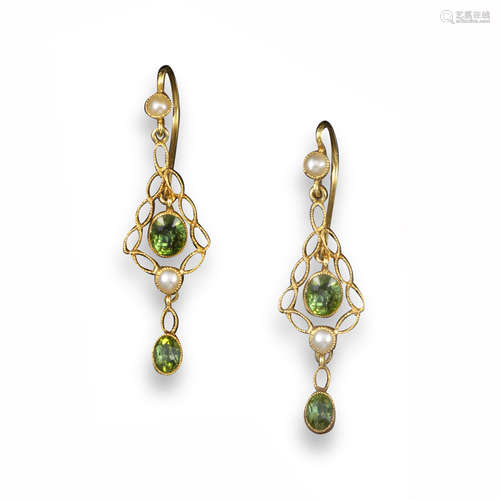 A pair of green stone and pearl drop earrings, the graduated oval-shaped green stones set within