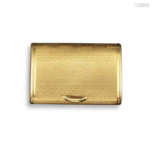 A gold vesta case by Asprey, of rectangular form with rounded edges and engine-turned decoration