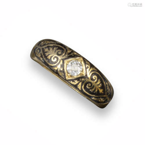 A Victorian enamel and diamond mourning ring, set with a central old cushion-shaped diamond within