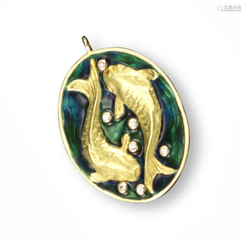 A green enamel and gold zodiac pendant, the two gold fish representing Pisces on green enamel ground