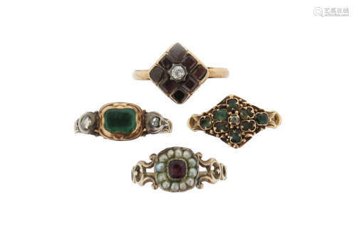 An emerald and two diamond-set 18th century gold ring, size M 1/2, an eight square-shaped garnet-set