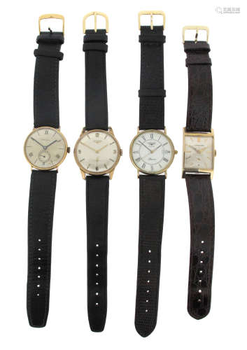 Four gold wristwatches by Longines, three manual movements, one with quartz movement in gold cases
