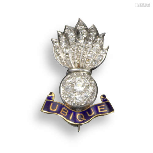 A Regimental brooch for the The Royal Engineers, set with diamonds above a blue enamel swag in