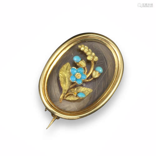 A late 19th century gold brooch, a realistically formed turquoise-set gold forget-me-not applied