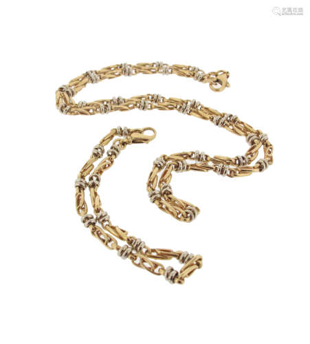 An Italian two-colour gold fancy-link necklace and matching bracelet, necklace 46cm long, bracelet