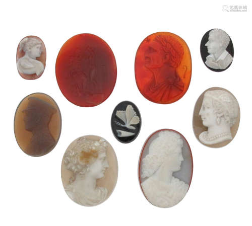 Nine assorted carved hardstone cameos, the tallest 4.5cm high, the smallest 2.5cm high