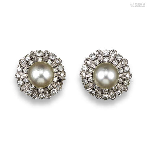 A pair of cultured pearl and diamond cluster earrings, the cultured pearls set within a surround